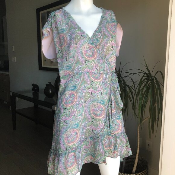 All Saints Zini Shahmina Lined Lightweight Paisley Wrap Dress Grn Pnk Sz 8 NWT - Picture 1 of 12